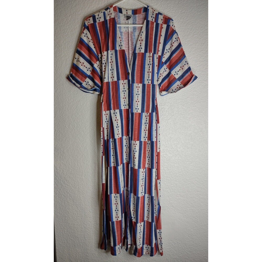 Tasha Polizzi Collection Midi Dress Large Southwestern Button Up Tie Red Blue